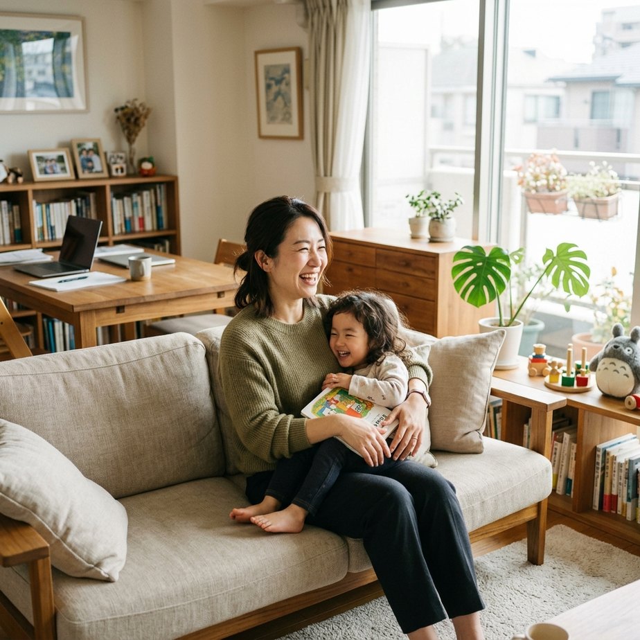 リビングで子どもと過ごすスタッフ