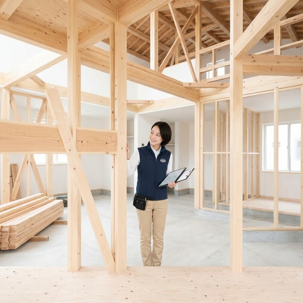 現場でチェックリストを持ち点検を行う建築士Mさん