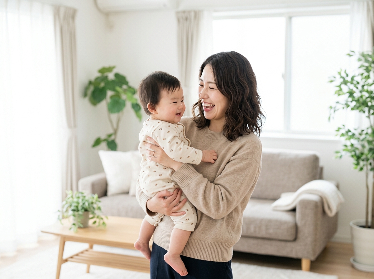子どもを抱っこして笑顔の女性スタッフ