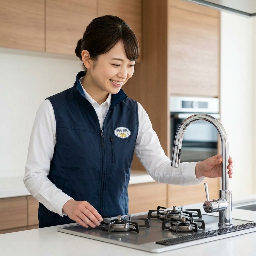 最新の住宅設備を楽しそうに点検するスタッフ